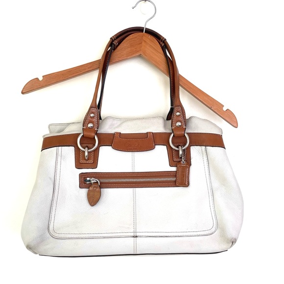 Coach Penelope Satchel Bag Ivory White Pebbled Leather with Tan Cognac Trim - Picture 1 of 12